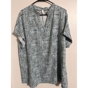 Unbranded Women XXL Abstract Grid Print Split V-Neck Short Sleeve Blouse Mint